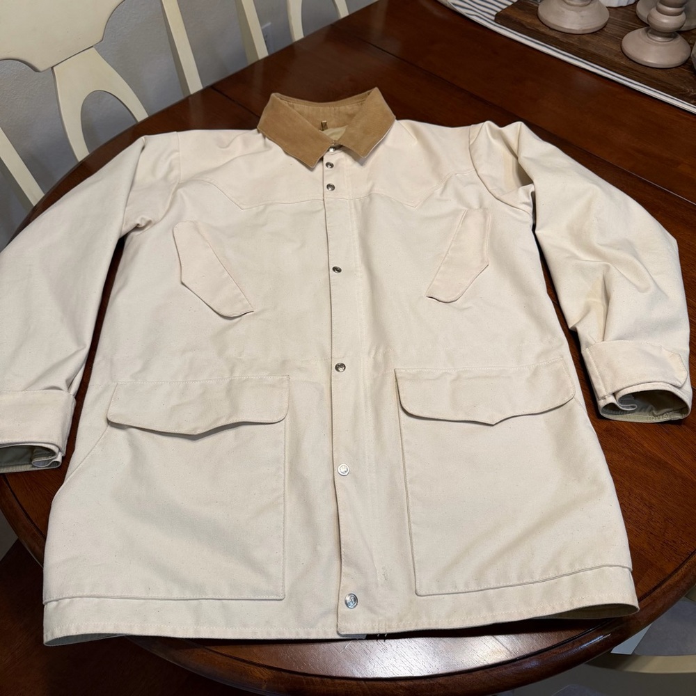 Vtg J Peterman white cotton canvas chore coat with a corduroy collar Mens Small